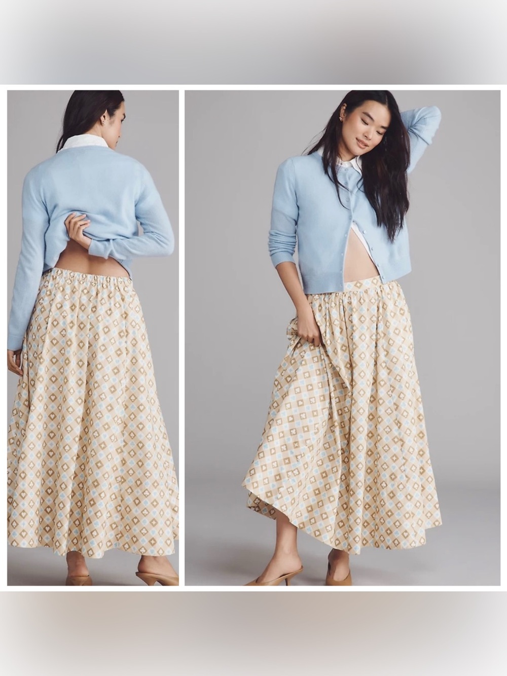 Anthropologie Maeve Beige Maxi Skirt with Light Blue Diamond Motif card suits 2X